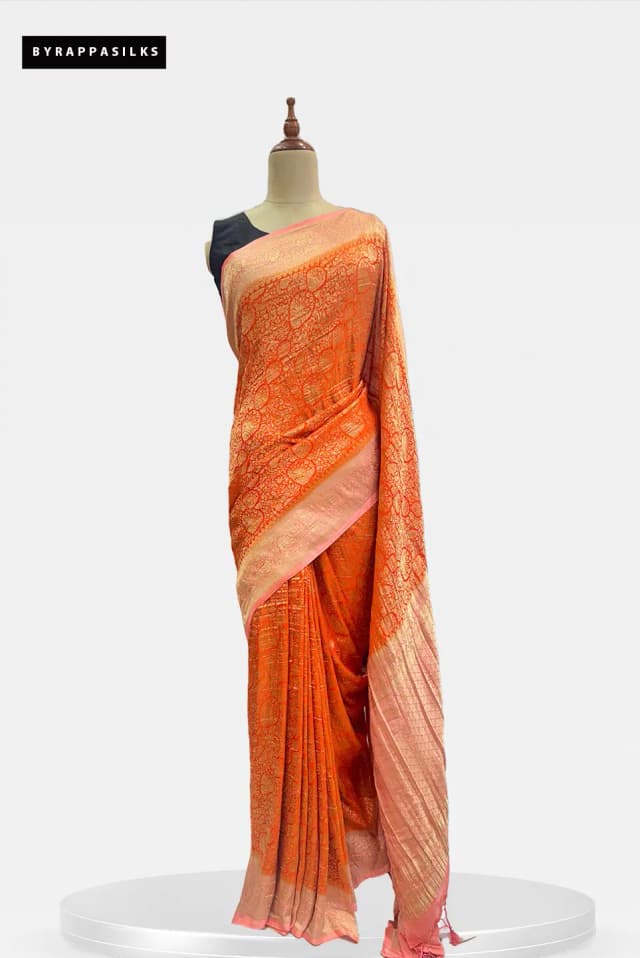 Khaddhi Georgette Saree Vibrant Orange & Peach Border QW208396