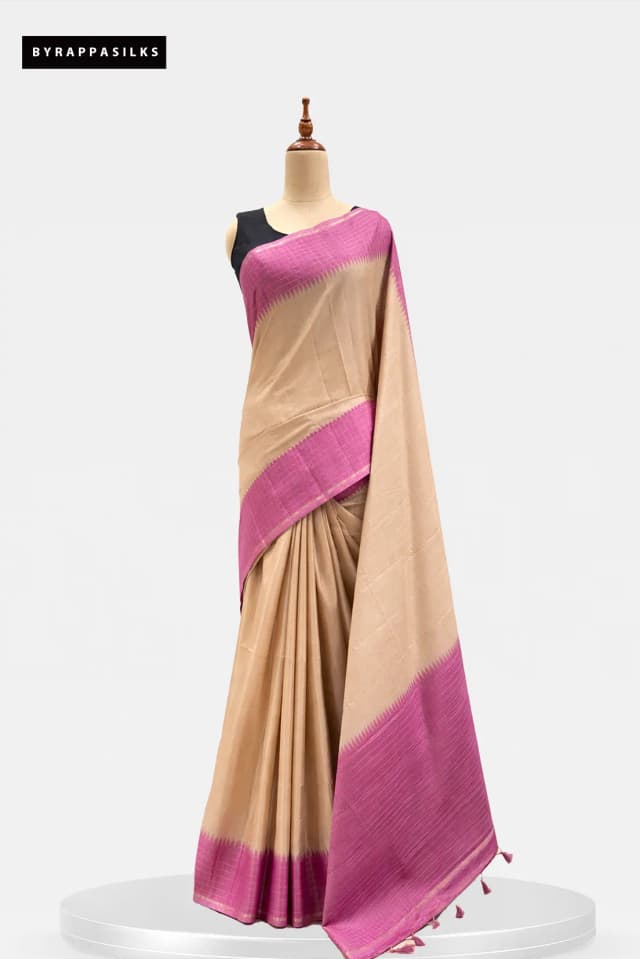 Semi Tussar Saree Beige & Magenta Border QS299451