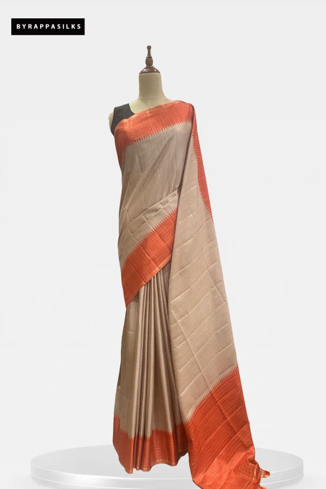Semi Tussar Saree Beige & Orange Border QS299451