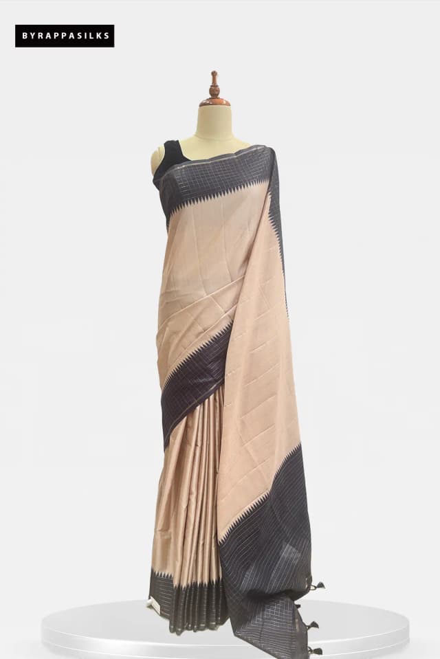 Semi Tussar Saree Beige & Black Border QS299451