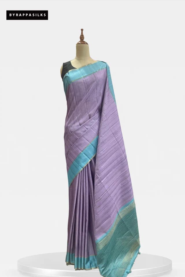 Semi Tussar Saree Lavender & Turquoise Border QS299395