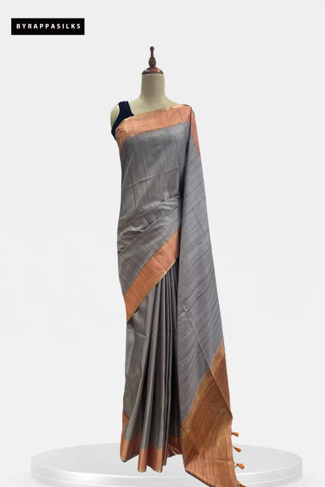 Semi Tussar Saree Silver Grey & Rust Orange Border QS299395