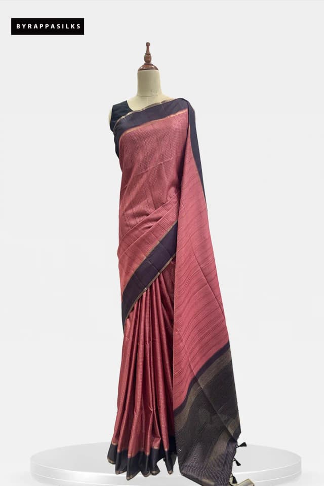 Semi Tussar Saree Onion Pink & Charcoal Border QS299395