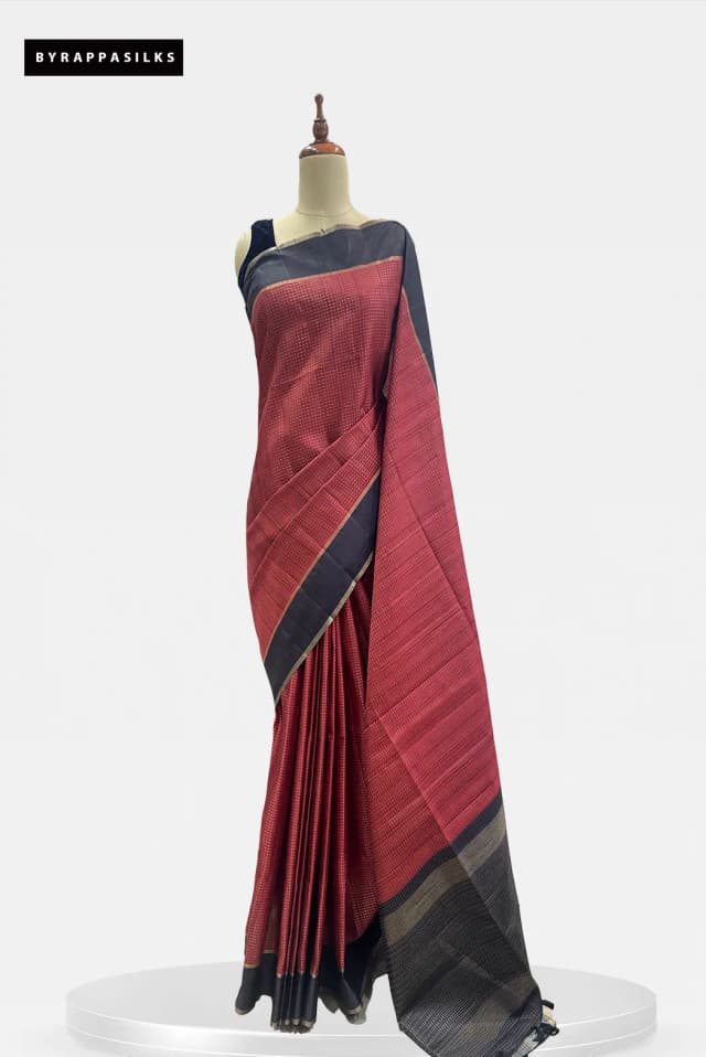 Semi Tussar Saree Maroon & Charcoal Black Border QS299395