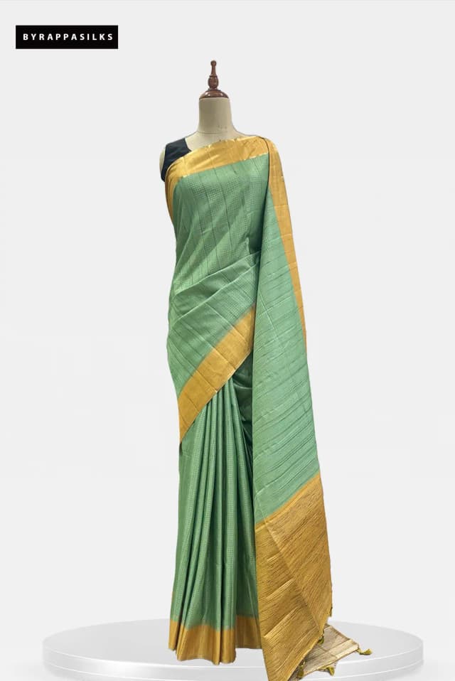 Semi Tussar Saree Sage Green & Antique Gold Border QS299395