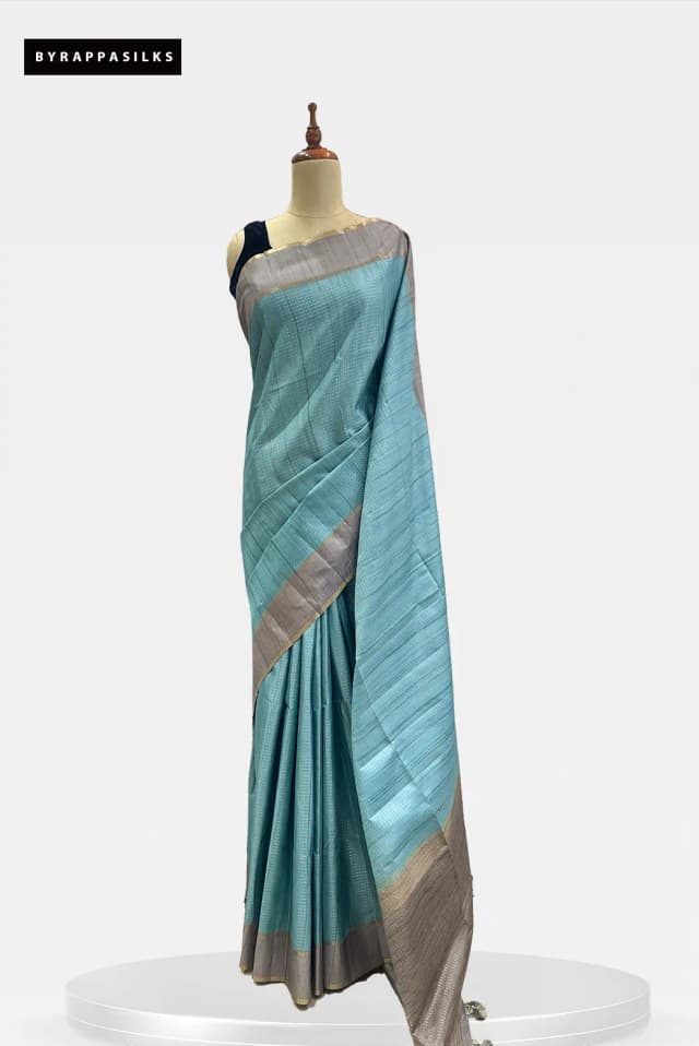 Semi Tussar Saree Sky Blue & Silver Grey QS299395