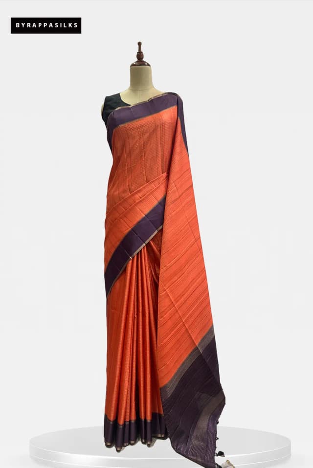 Semi Tussar Saree Vibrant Orange & Purple Border QS299393