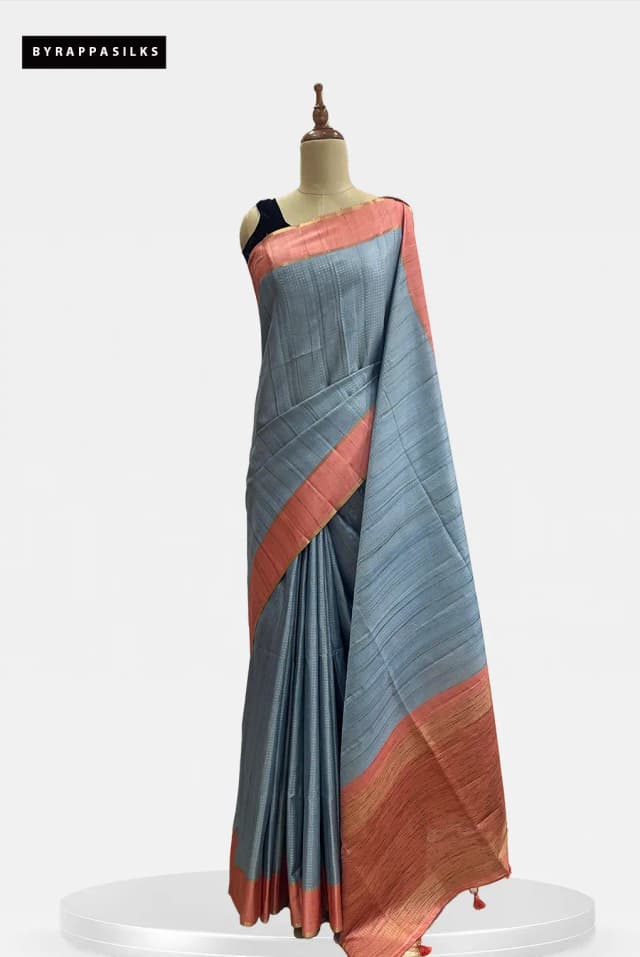 Semi Tussar Saree Steel Blue & Peach Border QS299393