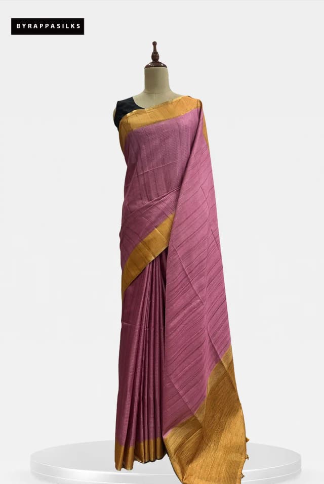Semi Tussar Saree Mauve-pink & Mustard Gold Border QS299399
