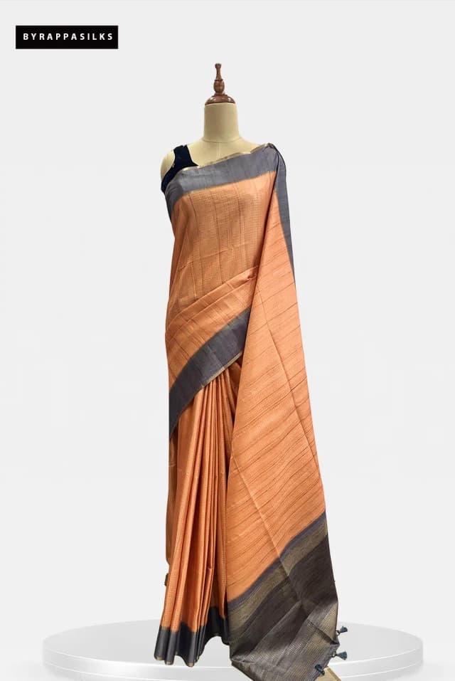 Semi Tussar Saree Peach & Charcoal Grey Border QS299393