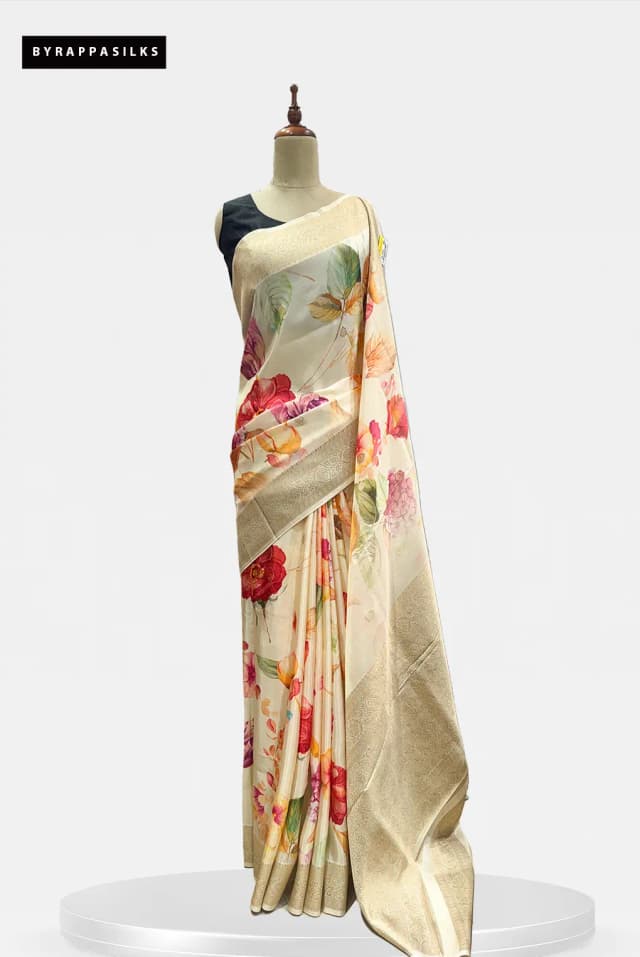 Printed Saree with Zari Pallu Half-White QS301614