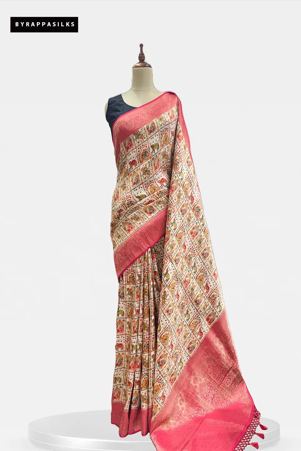 Position Print Cream & Rani pink Banarasi Saree QS302088