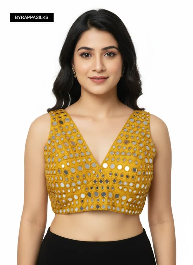 Ready Blouse Mustard Yellow Hand-Embellished Mirror Work V-Neck Blouse QS290246
