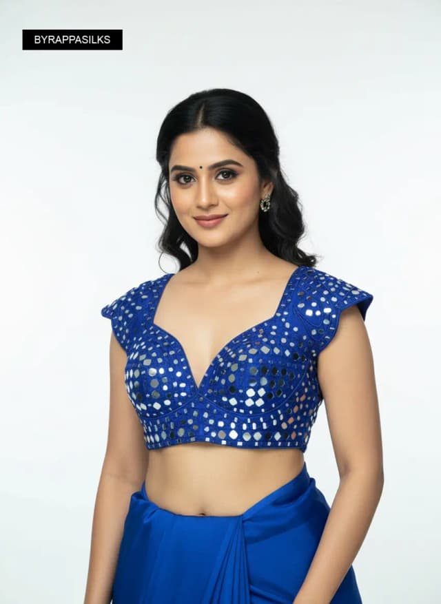 Ready Blouse Royal Blue Handcrafted Mirror Work Blouse QS290237
