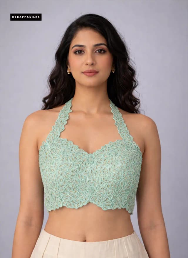 Ready Blouse Mint Green Designer Halter Neck Blouse With Intricate Floral Embroidery QS290244