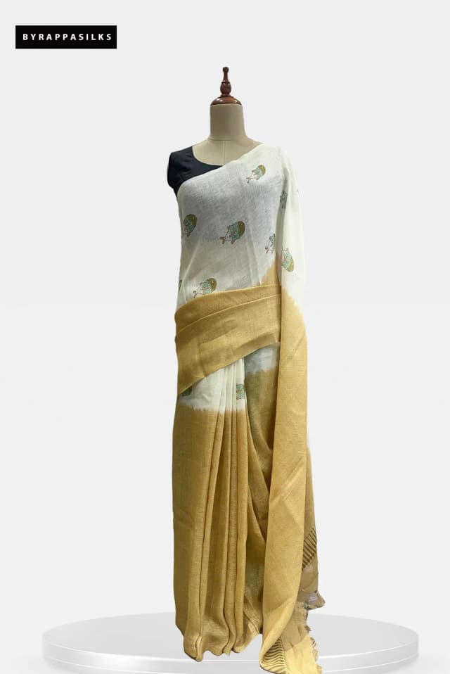 Daily Wear Linen Saree White & Mustard Yellow QS303145