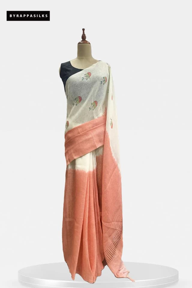 Daily Wear Linen Saree White & Peach QS303148