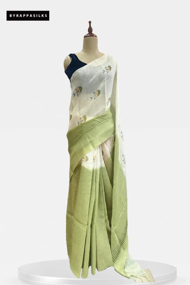 Daily Wear Linen Saree White & Green QS303147