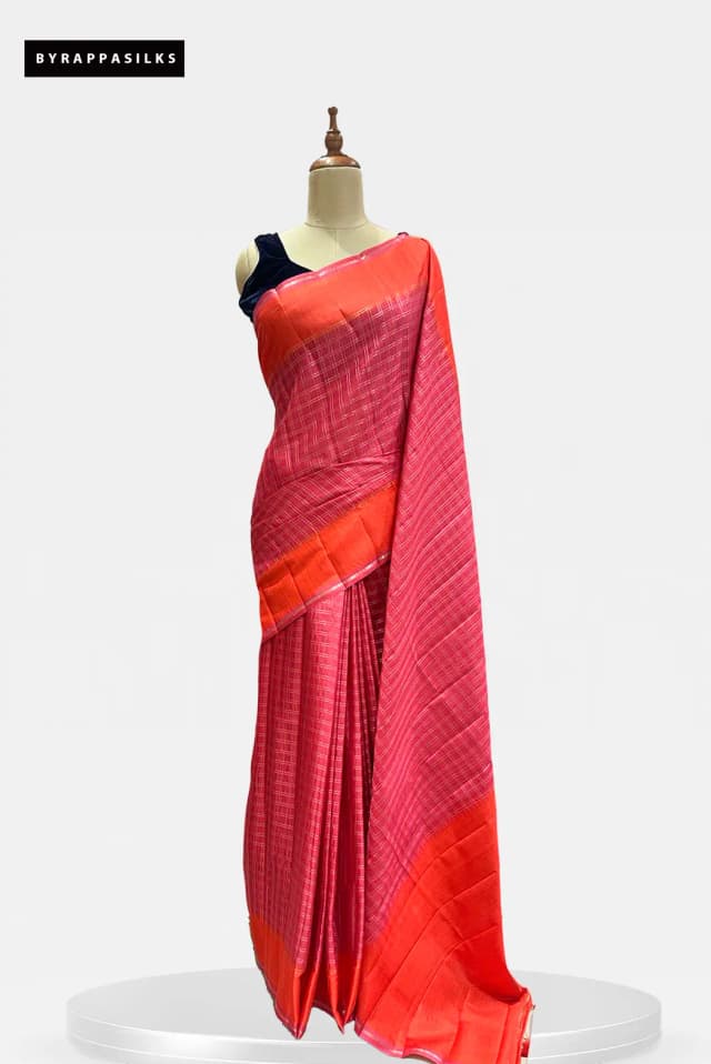 Semi Tussar Saree with Check Magenta Pink & Orange Border QS299428