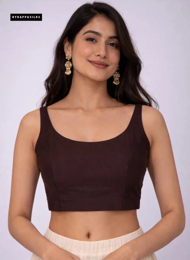 Ready Blouse Chocolate Brown Sleeveless Deep Scoop Neck QS290130