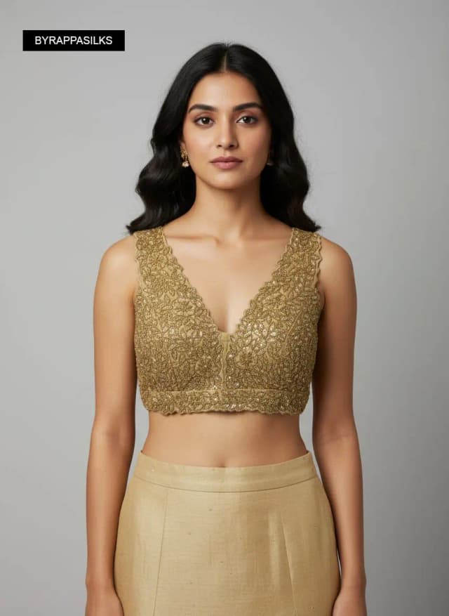 Ready Blouse Gold Embroidered Sequined Sleeveless Blouse Deep V-Neck with Scalloped Edges QS290247