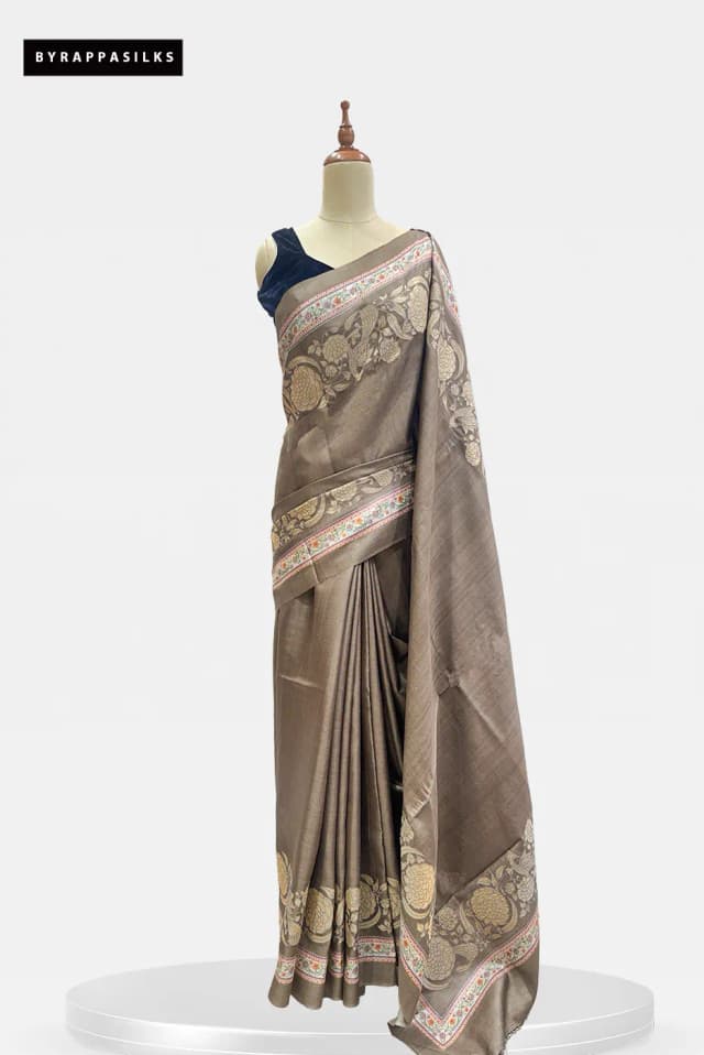Pure Tussar Saree With Kantha Work Metallic Grey Traditional Floral AA314939