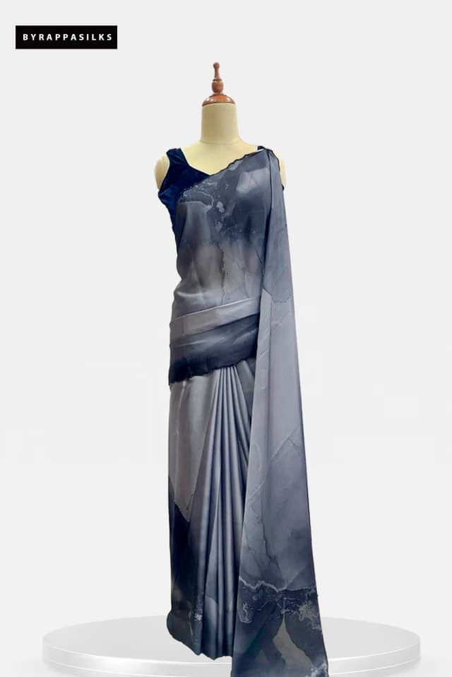 Satin  Saree With Navy Blue & Slate Grey Marble Print QS288083