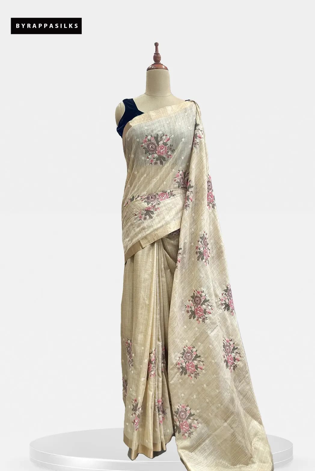 Semi Tussar Saree Beige & Pink Floral Embroidery Cross stitch QS308953