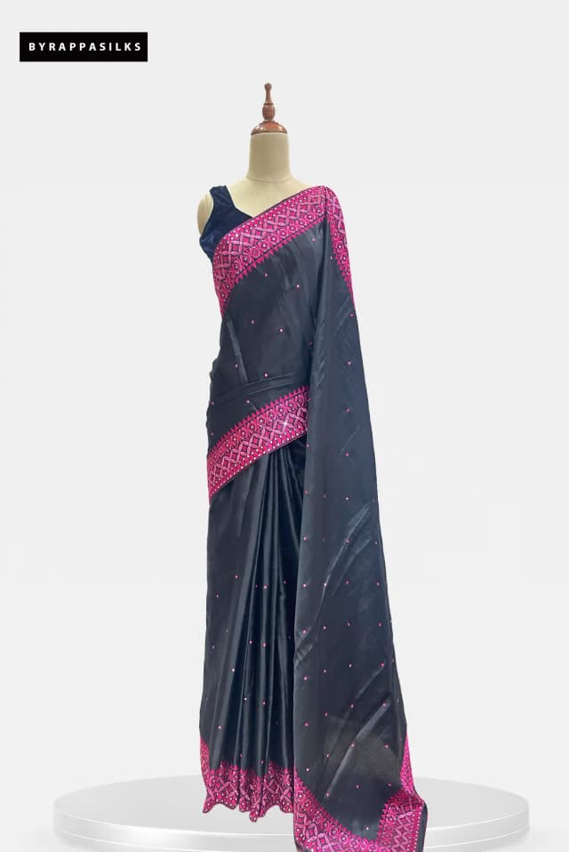Semi Tussar Saree Black With Hot Pink Border QS304630