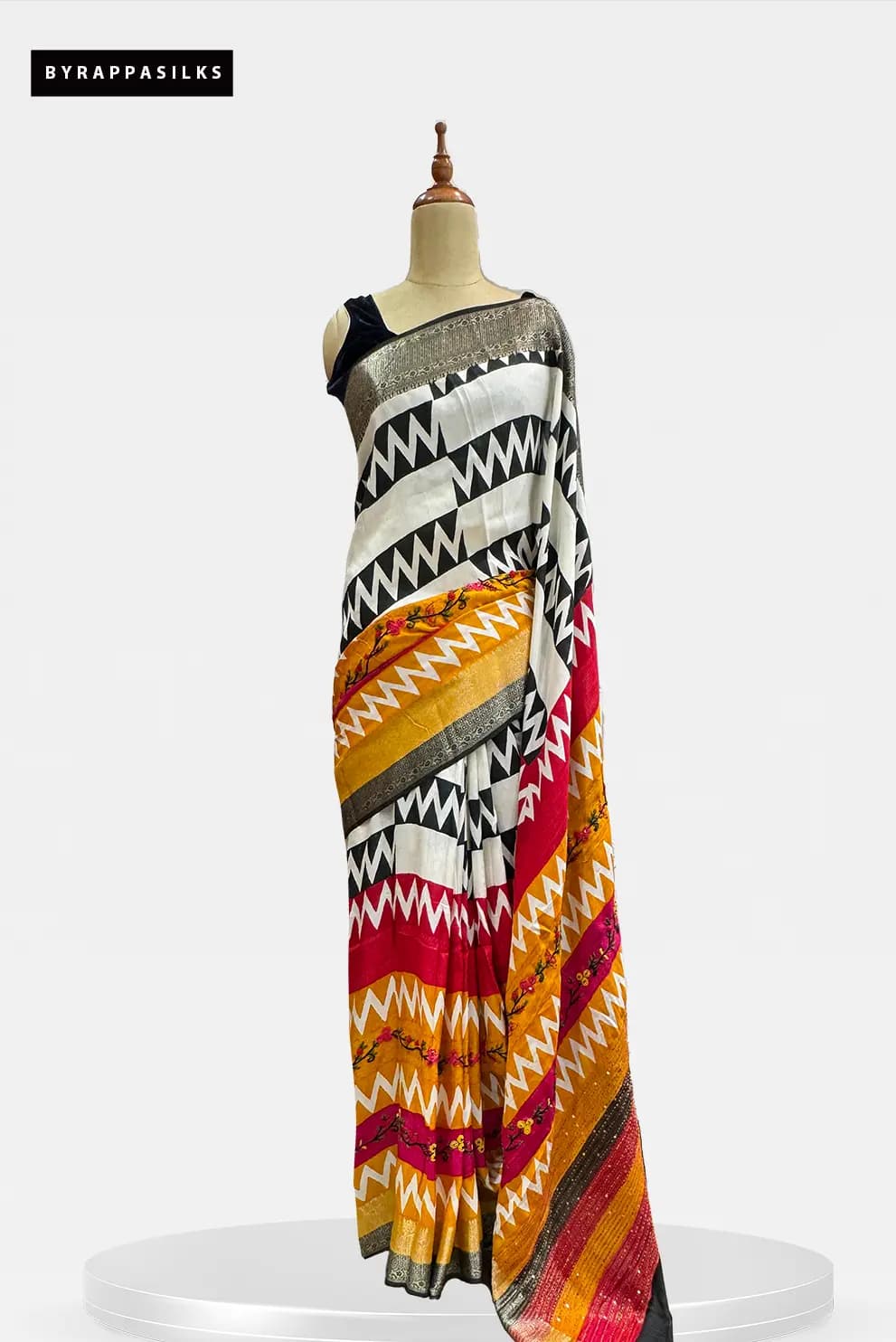 Fancy Saree Modern Off-White & Black Zigzag Print Multicolored Border QS301098