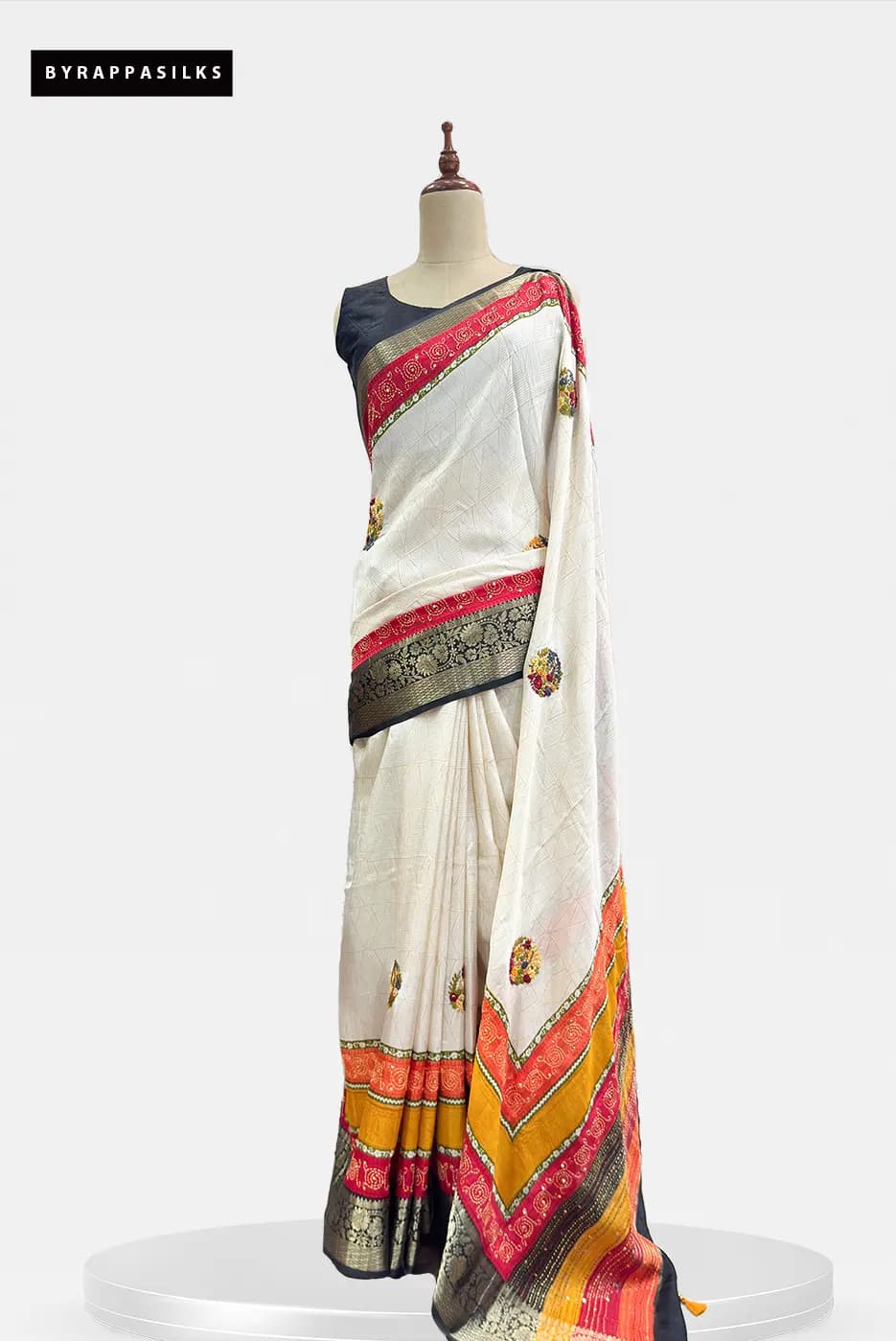 Fancy Saree Off-White With Contrast Red & Black Temple Border QS301102