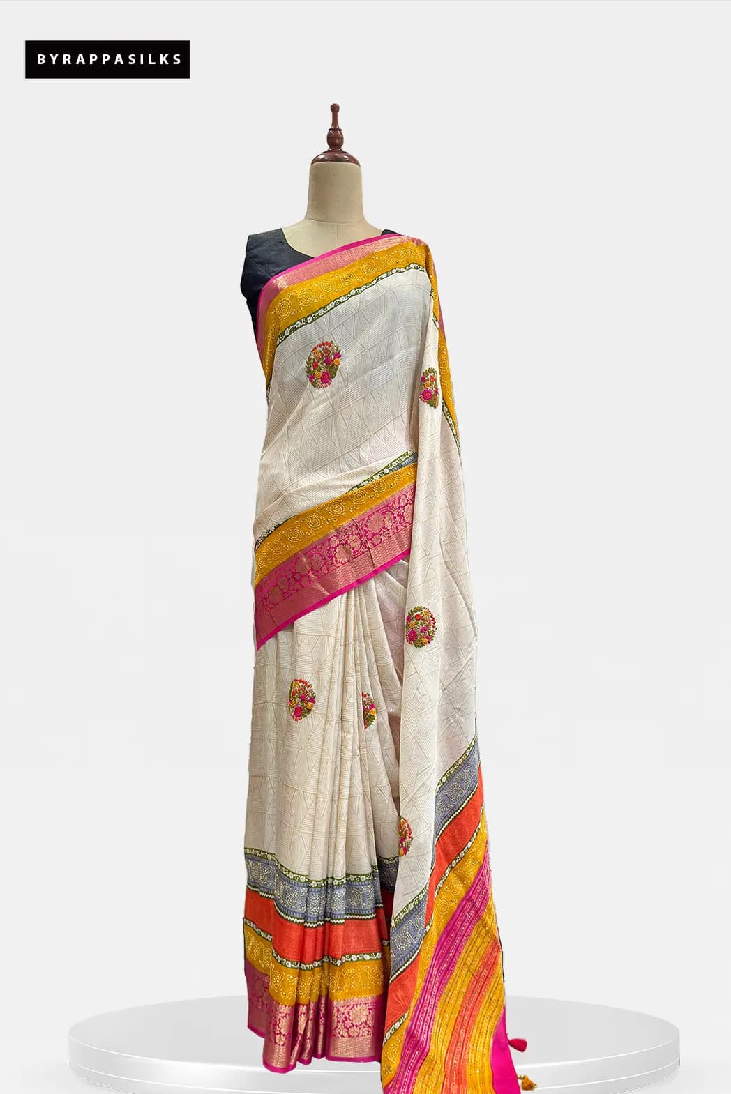Fancy Saree Off-White With Pink & Mustard Contrast Border & Hand embroidered Floral Buttas QS301103