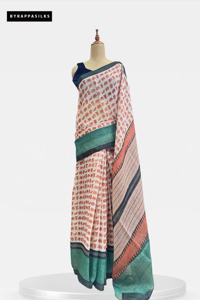 Linen Cotton Saree Elephant Print Peach QS312011