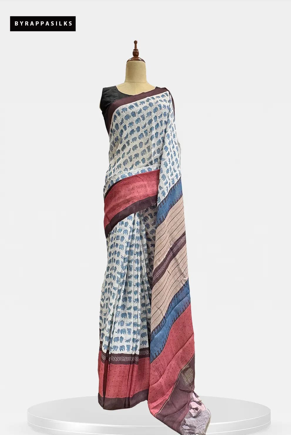 Linen Cotton Saree Elephant Print Blue QS312011