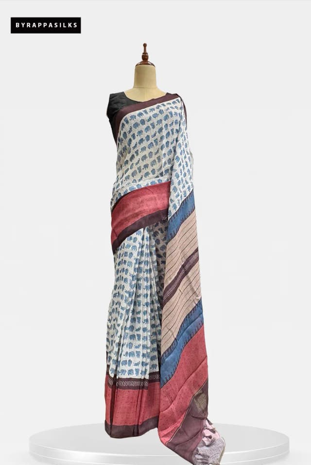 Linen Cotton Saree Elephant Print Blue QS312011