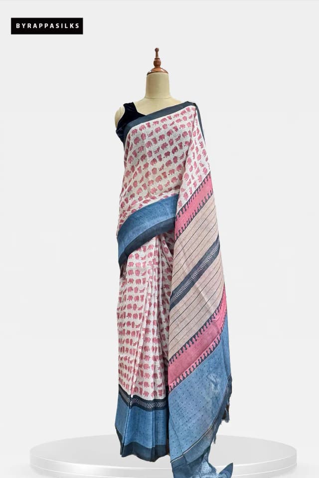 Linen Cotton Saree Elephant Print Pink QS312011
