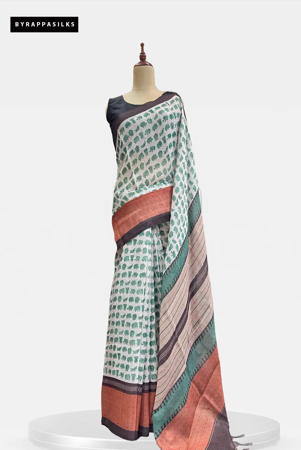 Linen Cotton Saree Elephant Print Green QS312011