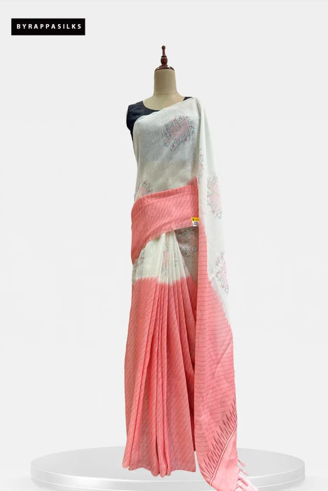Daily Wear Linen Saree White & Peach QS303120