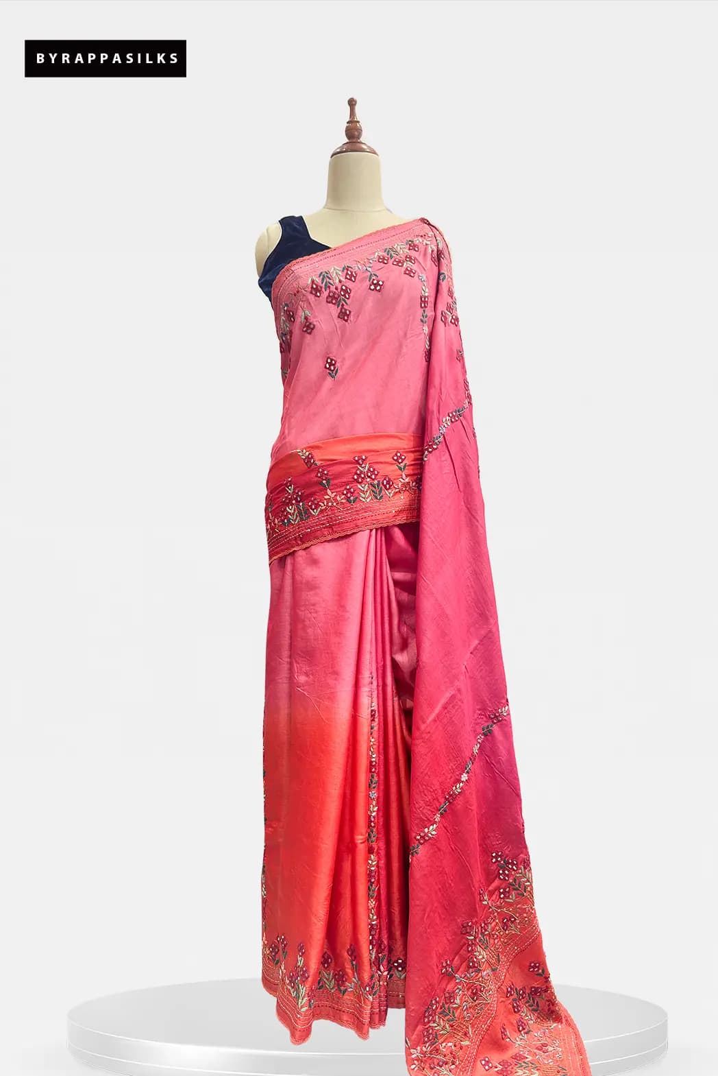 Pure Tussar Saree Vibrant Pink & Orange Ombre Mirror Work QS313934