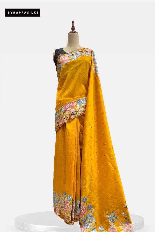 Semi Tussar Saree Floral Embroidery Border Yellow Colour QS315126