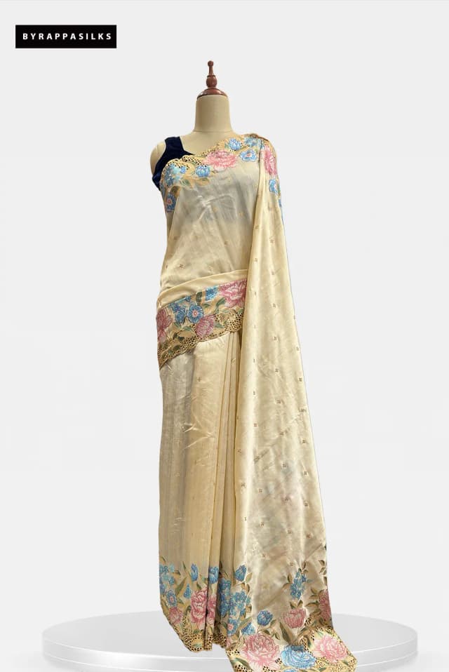 Semi Tussar Saree Floral Embroidery Border Half White Colour QS315122