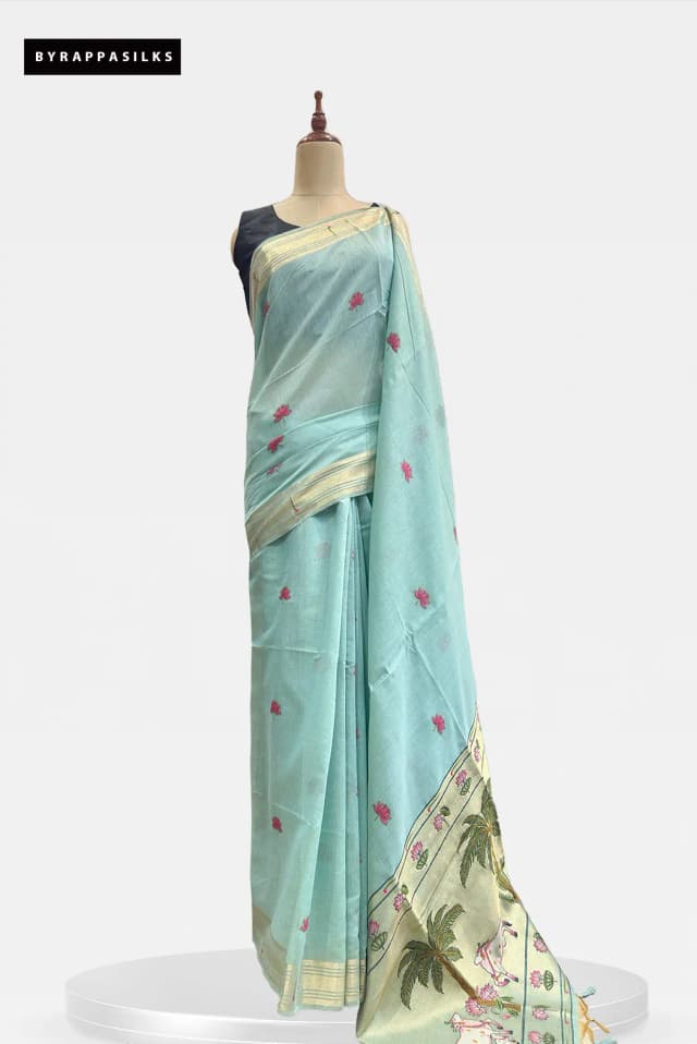 Semi Tussar Saree With Paithani Border Seafoam Blue Colour QS315410