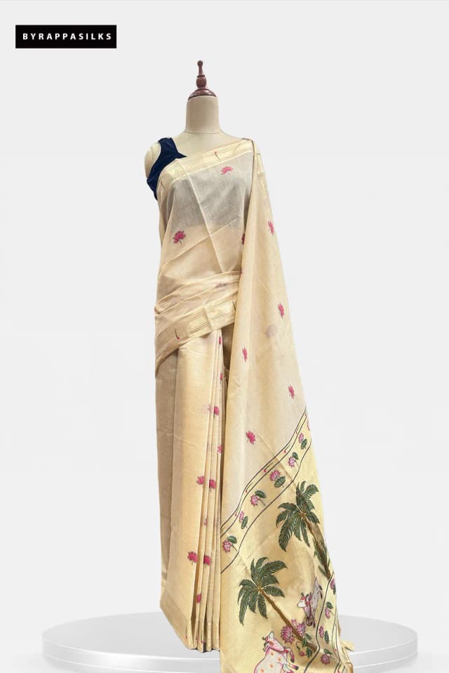 Semi Tussar Saree With Paithani Border Beige Colour QS315413