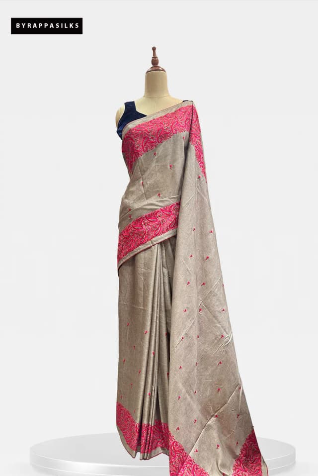 Semi Tussar Saree With Embroidery Border Beige Metallic Colour  QS315053