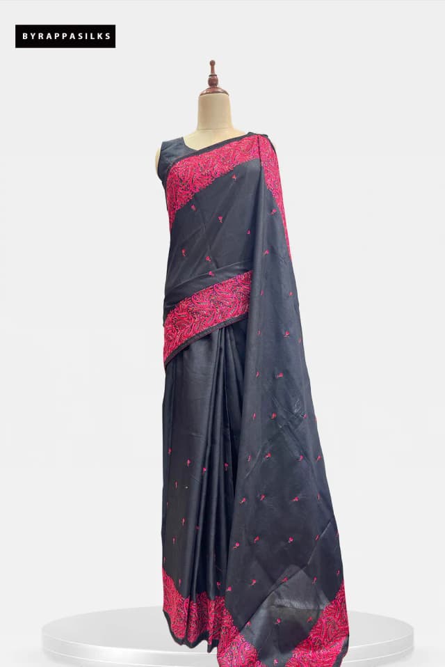 Semi Tussar Saree With Embroidery Border Fuchsia Black Colour  QS315053