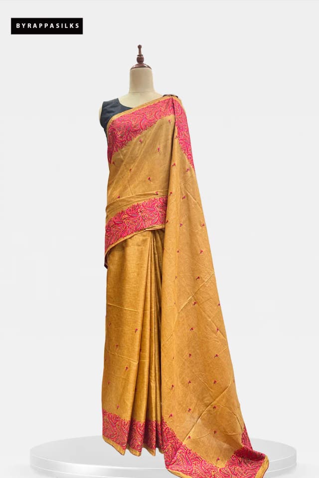 Semi Tussar Saree With Embroidery Border Mustard Yellow Colour QS315053
