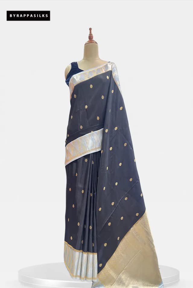 Semi Tussar Saree With Gold & Silver Zari Work Border Black Colour QS316856
