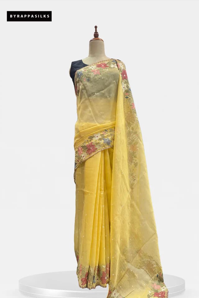 Organza Saree Embroidery Border Yellow QS315101
