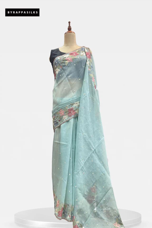 Organza Saree Embroidery Border Ice Blue QS315095