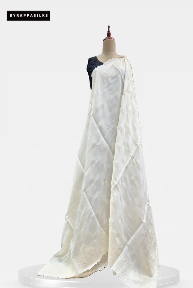 Semi Tussar Saree With White Floral Embroidery White QS315303